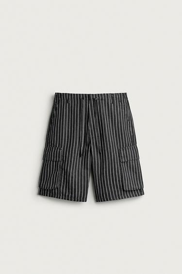 STRIPED COTTON/LINEN DENIM CARGO BERMUDA SHORTS - blue/black by Zara