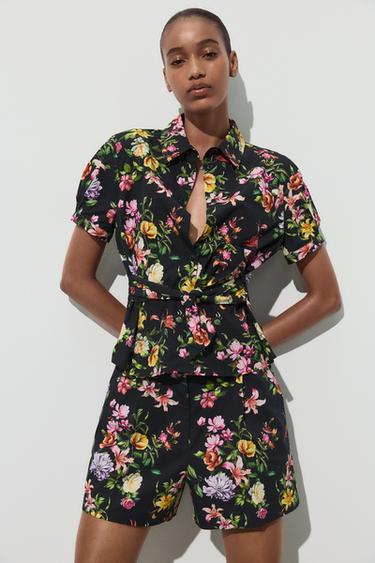 FLORAL PRINT POPLIN TOP - Black / Green by Zara - Image 1