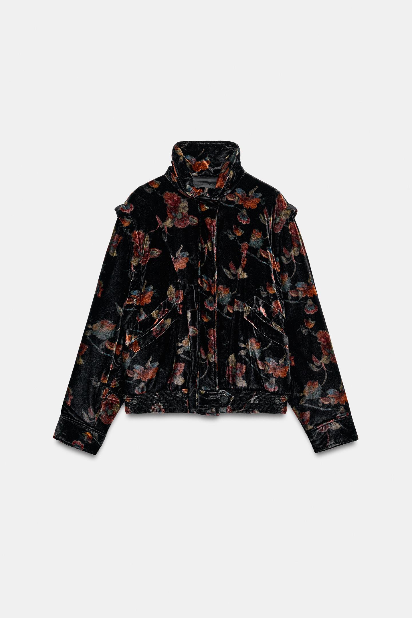 Женская куртка Zara ZW Collection Printed Floral Velvet Bomber, цвет: Чёрный — фото 6