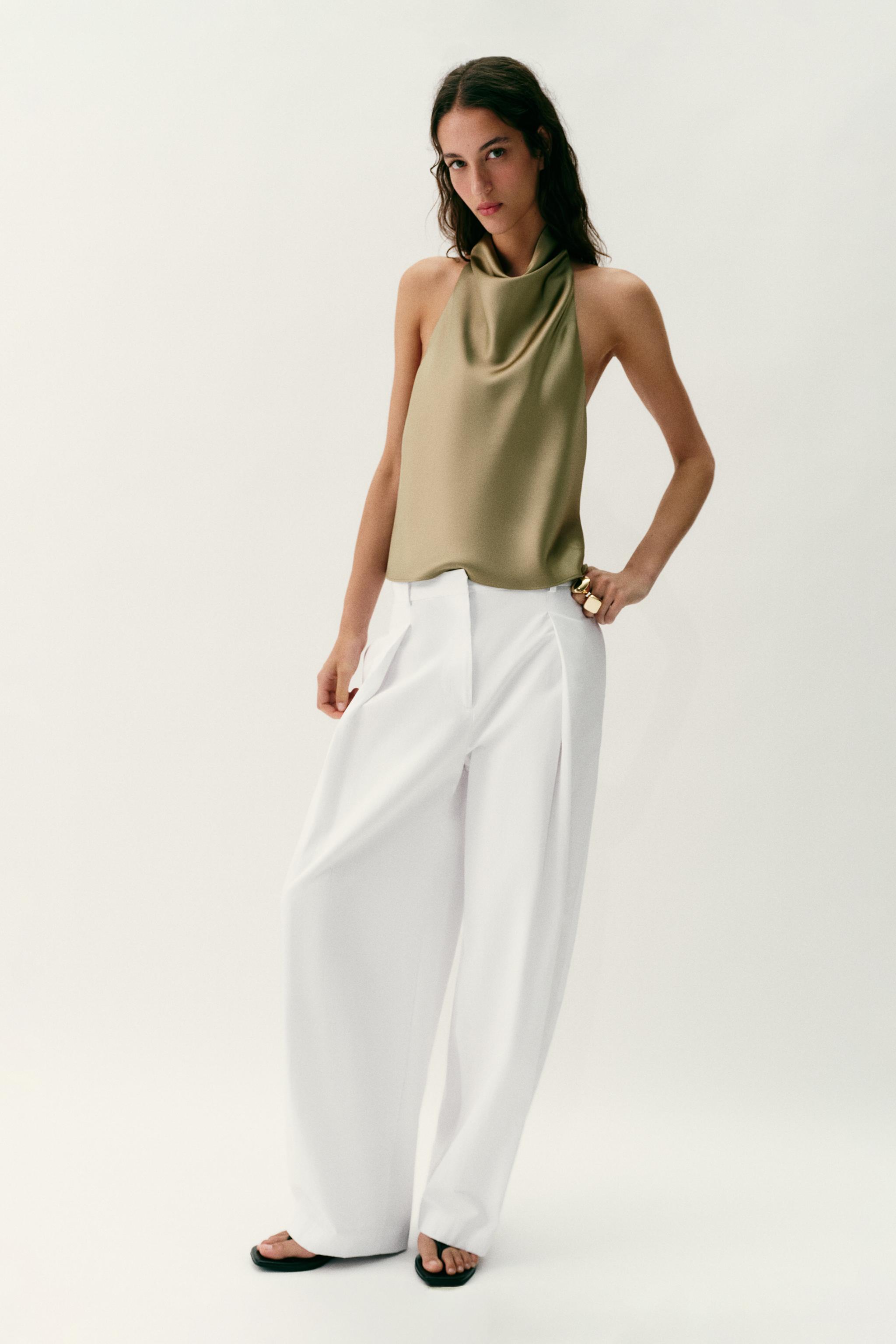 SATIN HALTER TOP — Light khaki