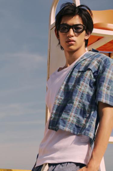Zara 寬鬆格紋襯衫 - 中藍色