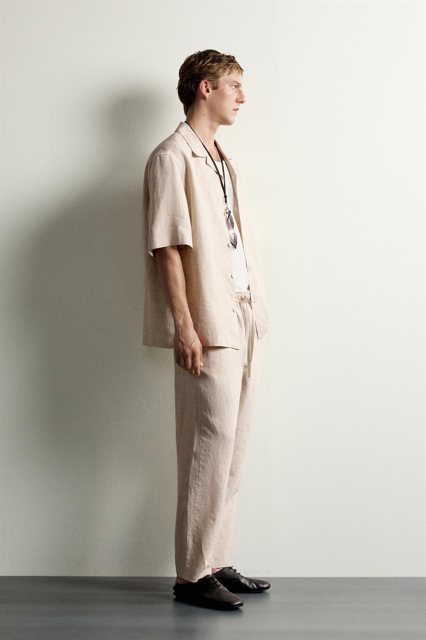 Мужская рубашка Zara 100% Linen Relaxed Fit, цвет: Светлый бежевый — фото 4