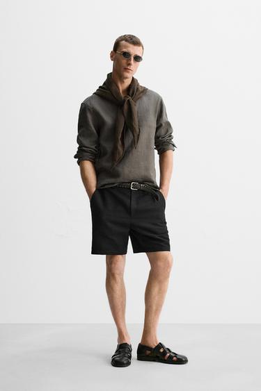 LINEN/COTTON REGULAR FIT BERMUDA SHORTS - Black by Zara