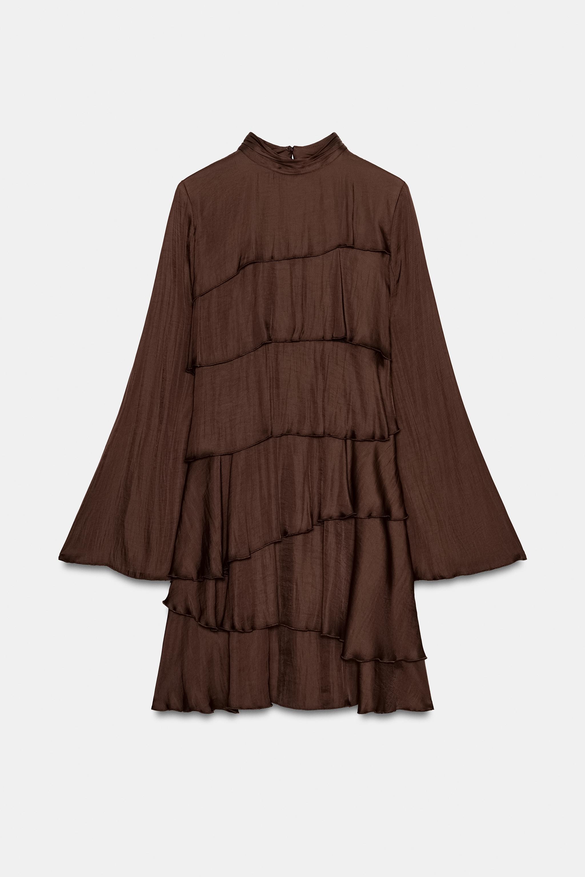 long sleeve brown ruffle dress Preppy Vertical Stripe Flounce Hem Collared Shirt Mini Dress main image 1