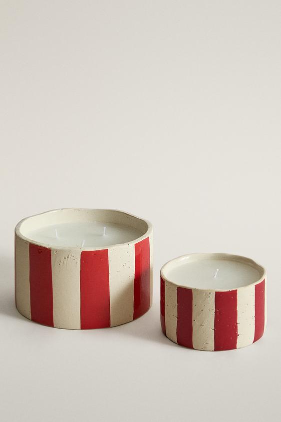 Zara STRIPED CERAMIC CANDLE - White / Red - Image 0