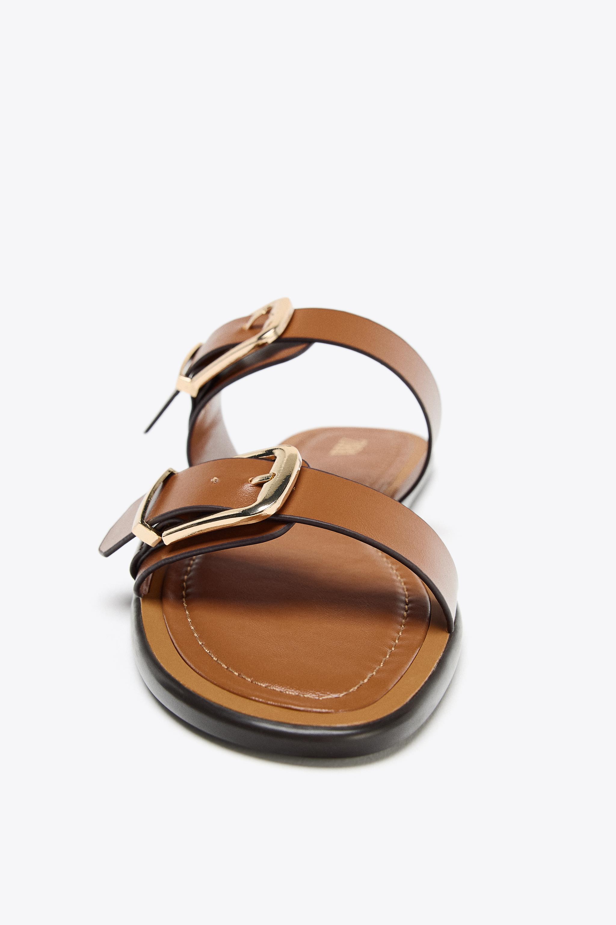 国内発送★ZARA★ダブルストラップ*フラットサンダル ダブルストラップ バックル フラットサンダル - ブラウン | ZARA