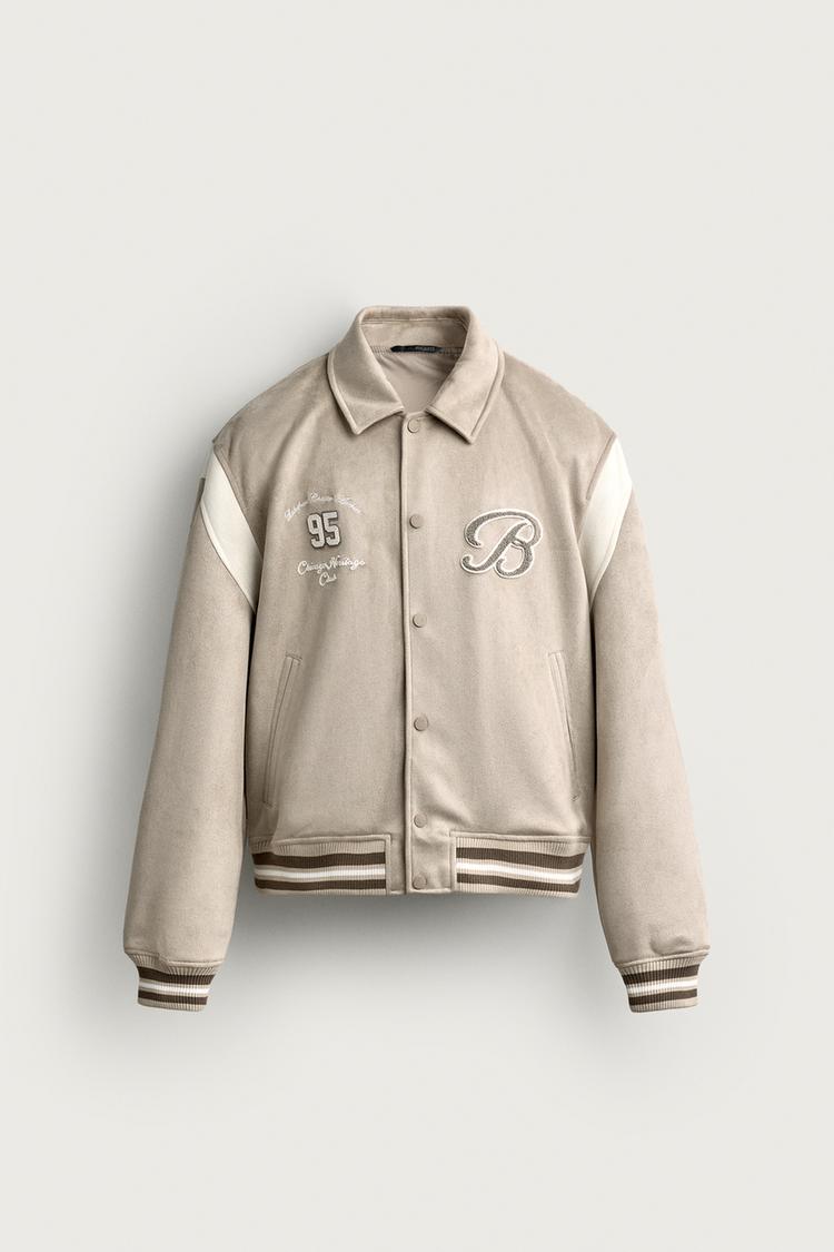 FAUX SUEDE BOMBER JACKET WITH PATCHES