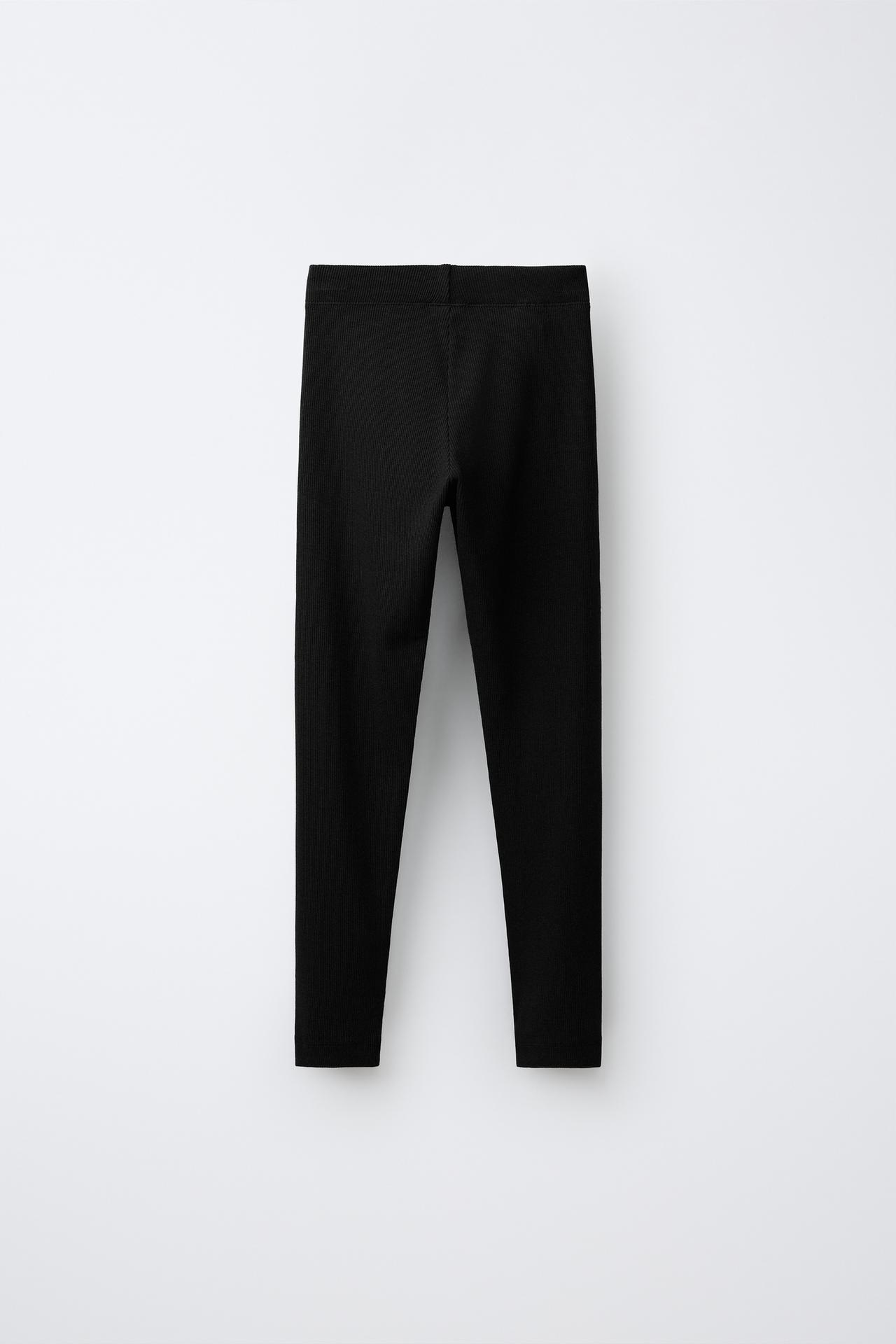 LABEL DETAIL RIBBED LEGGINGS — Black