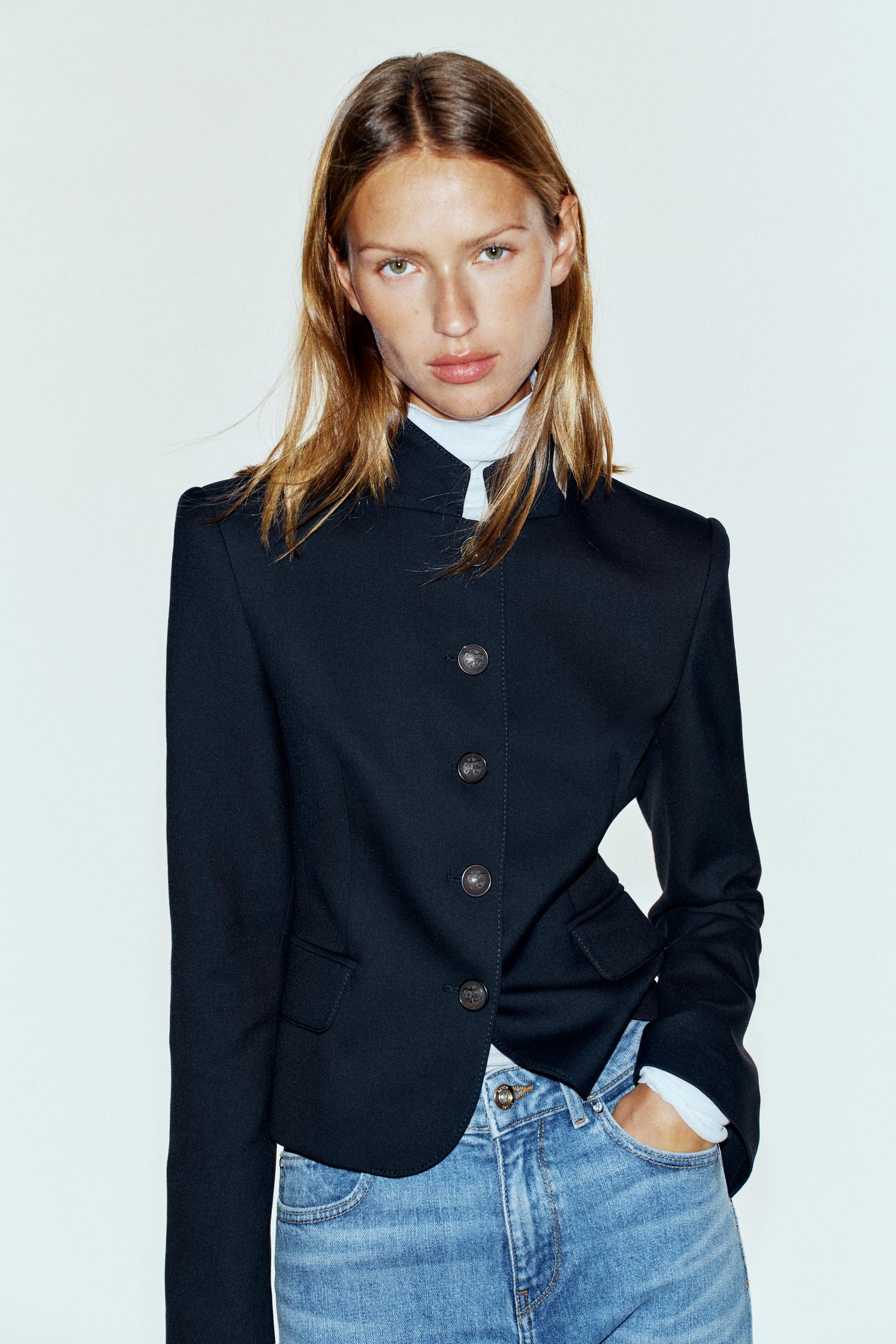 Женский пиджак Zara Contrast Collar, цвет: Тёмно-синий — фото 2