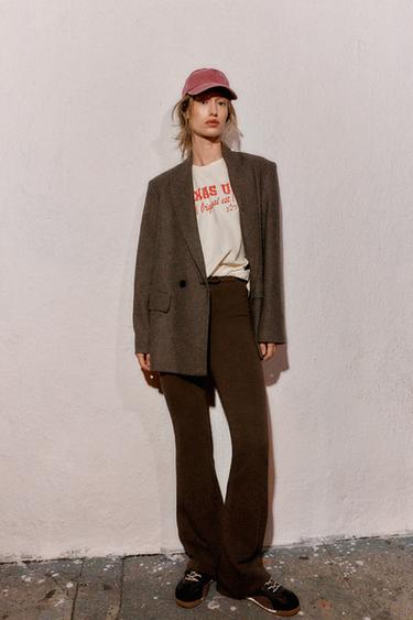 Zara INTERLOCK FLARE PANTS - Brown