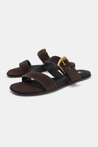 BUCKLED FLAT SPLIT SUEDE SANDALS - Brown by Zara - Image 4