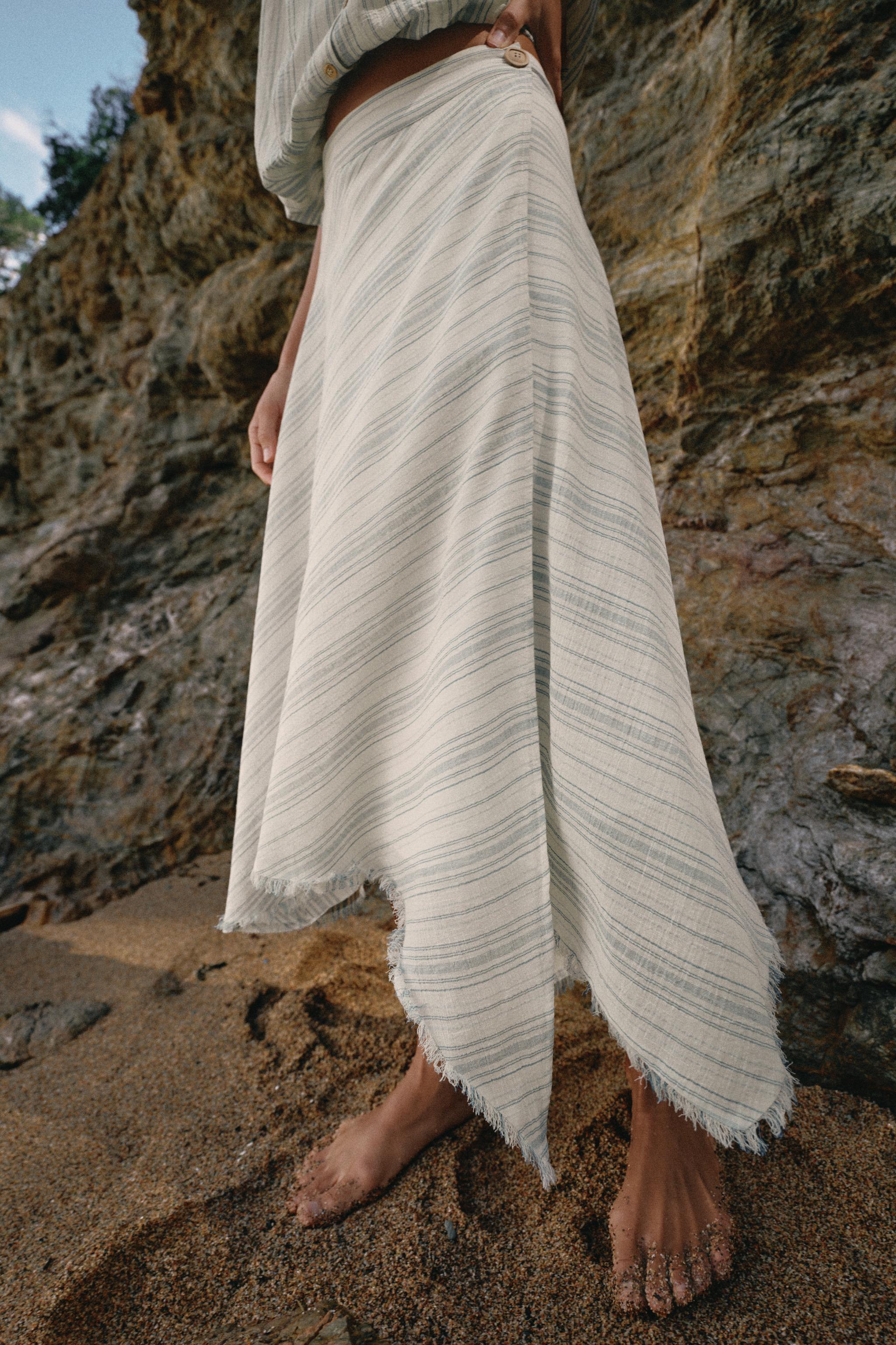 ASYMMETRIC MIDI SKIRT — Ecru / Navy