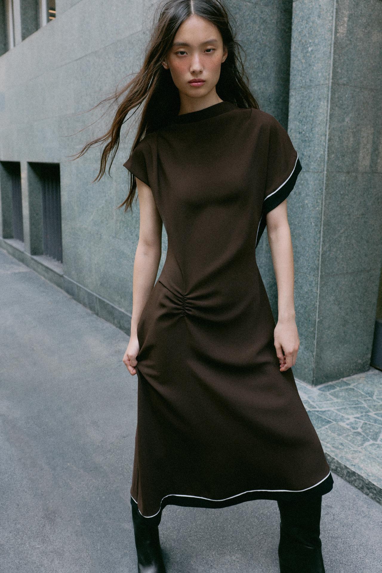ASYMMETRIC MIDI DRESS — Brown