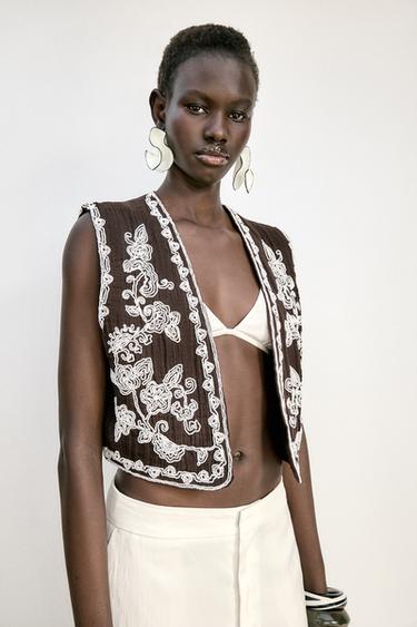 EMBROIDERED OPEN WAISTCOAT - Brown by Zara - Image 3