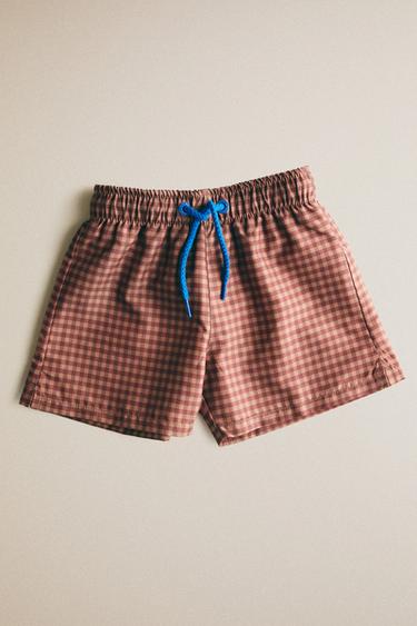 KIDS' CHECK BEACH SWIMMING TRUNKS - Burgundy by Zara - Image 4