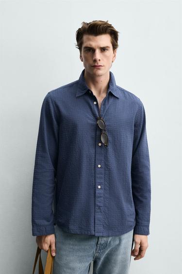 CAMISA JACQUARD CUADROS - Azul de Zara