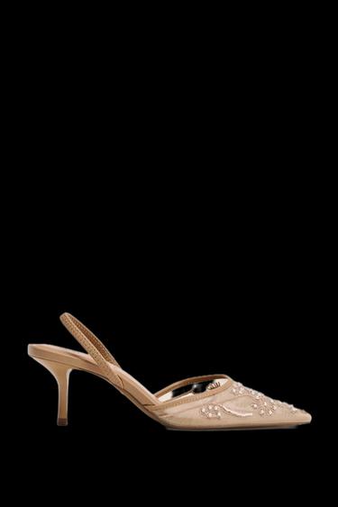 Zara EMBROIDERED MESH SLINGBACK SHOES - Brown - Image 0