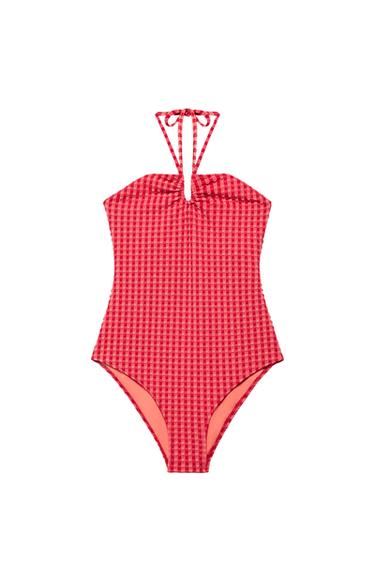 LIMITED EDITION HALTER GINGHAM SWIMSUIT - BURGANDY MARS by Zara