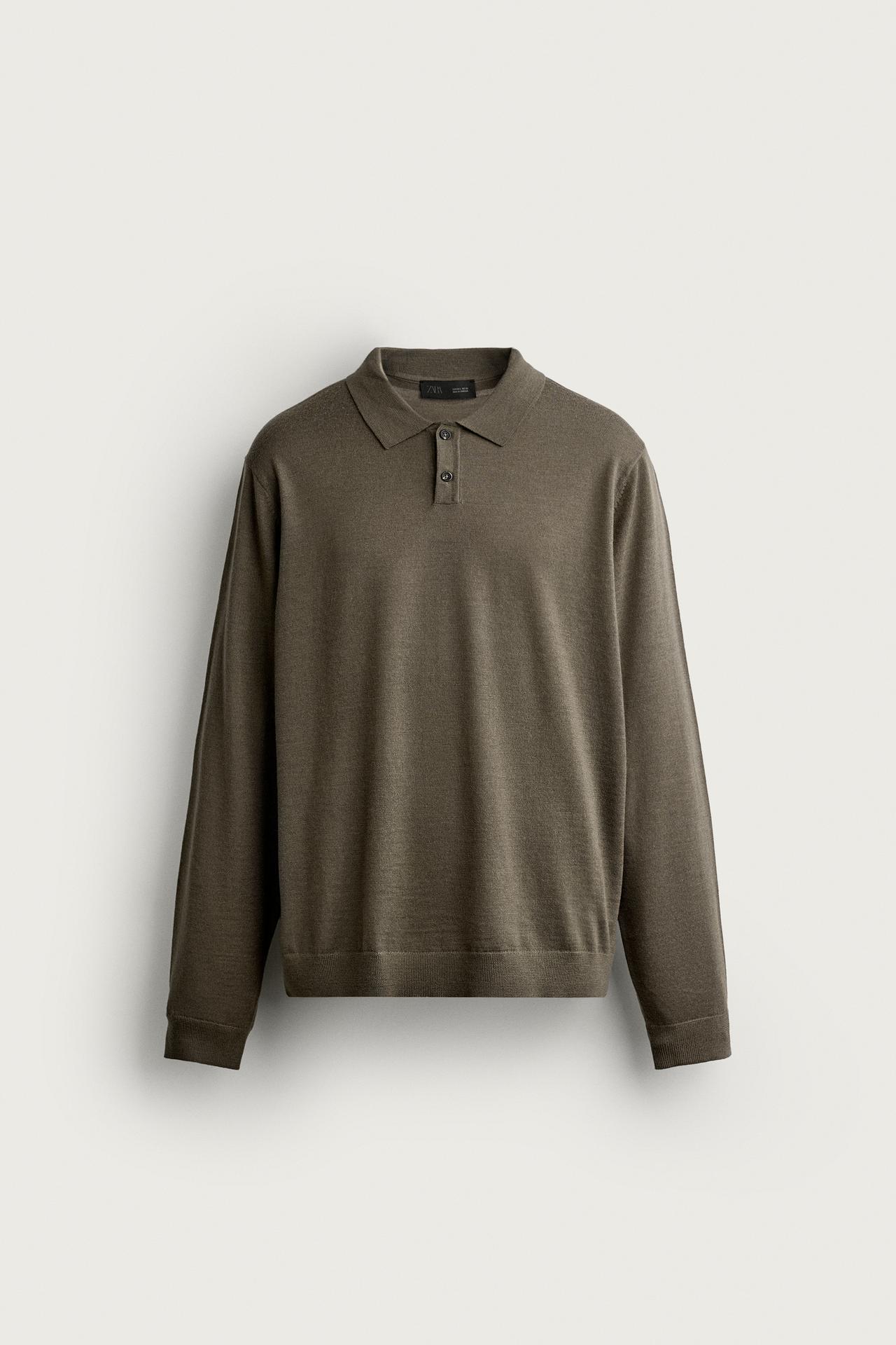 100% WOOL REGULAR FIT KNIT POLO — Moss green
