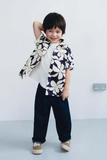 COTTON AND LINEN FLORAL PRINT SHIRT - Navy blue by Zara