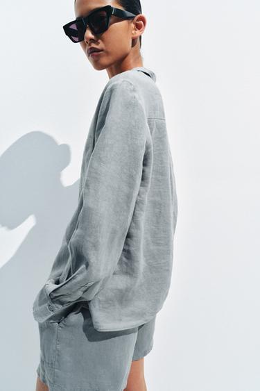 Zara ZW COLLECTION LINEN POCKET SHIRT - Blue / Green