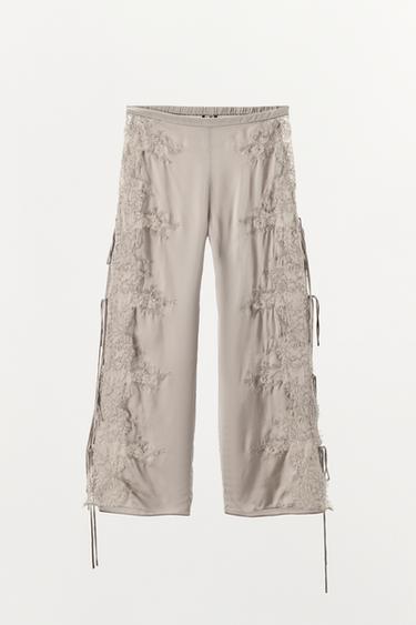 Zara 緞面開衩蕾絲長褲 - 灰色