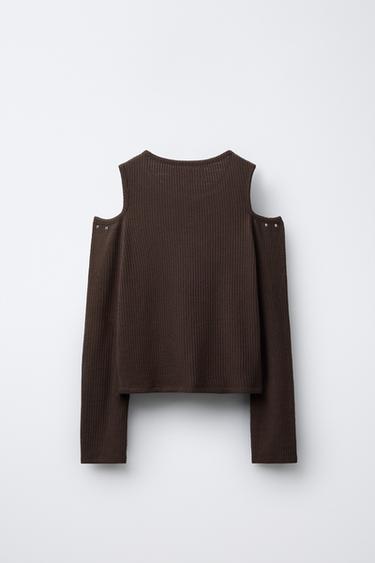 T-SHIRT CÔTELÉ CUT OUT CLOUS - Marron de Zara - Image 1