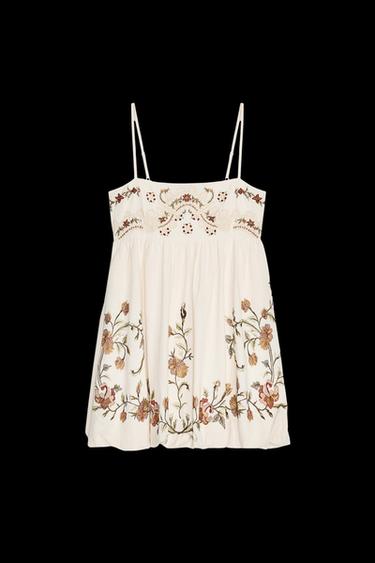Zara ZW COLLECTION FLORAL EMBROIDERED SHORT DRESS - Ecru