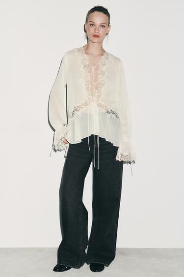 BLUSA COMBINADA ENCAJE ZW COLLECTION - Crudo de Zara