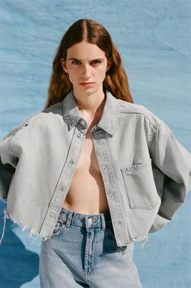 Zara 破損短版牛仔外套 - 淡藍色