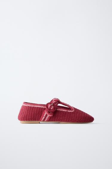 Zara CROCHET T-BAR BALLET FLATS - Red