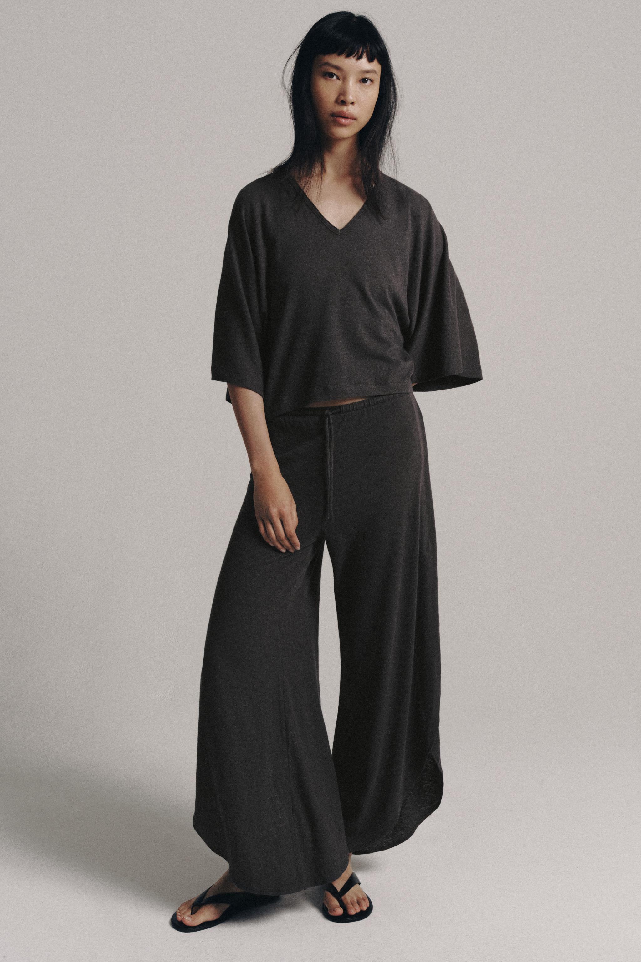 LINEN BLEND PANTS WITH SLITS — Charcoal