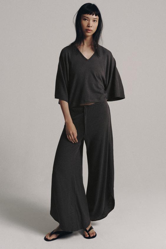 Zara LINEN BLEND PANTS WITH SLITS - Charcoal - Image 0