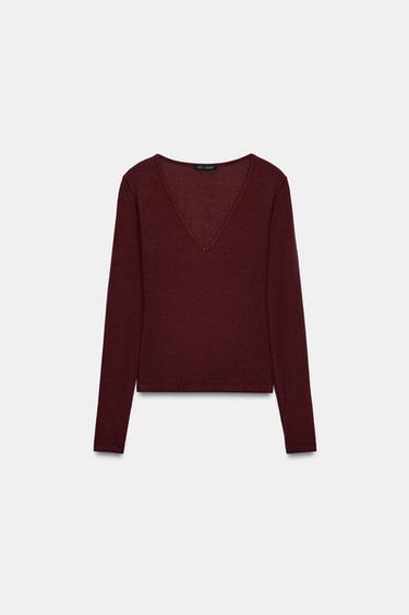 CAMISETA ESCOTE PICO - Burgundy de Zara