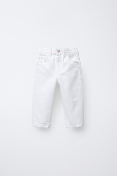 JEANS MOM FIT بستايل ممزق - أبيض الخاص بـ Zara