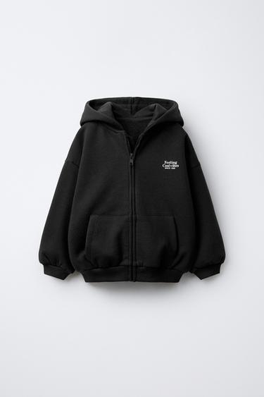 ZIP-UP SLOGAN HOODIE - Black by Zara