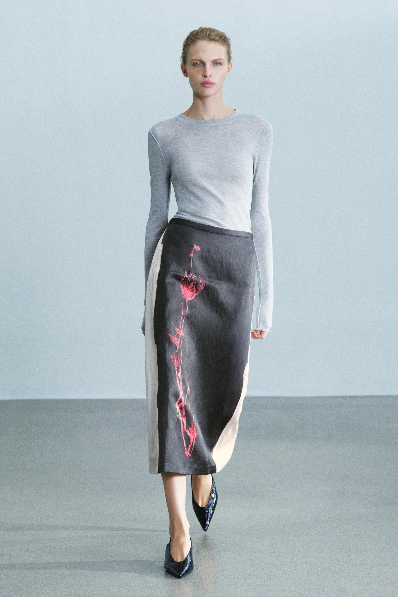 ZW COLLECTION PRINTED MIDI SKIRT — Taupe gray