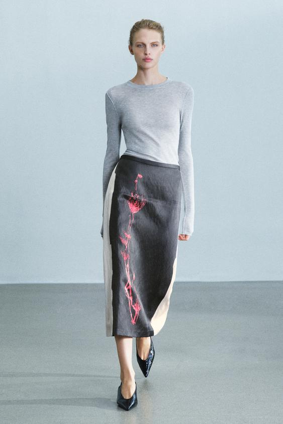 ZW COLLECTION PRINTED MIDI SKIRT - Taupe grey by Zara - Image 0