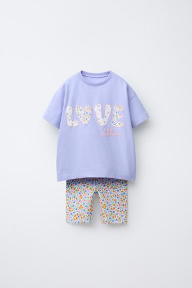 プリント柄Tシャツ＆サイクリングレギンスジョギングセット薄紫0Zaraのプリント柄Tシャツ＆サイクリングレギンスジョギングセット - 薄紫 - 画像 0