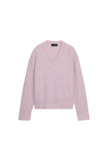 Front view of a khaki knitted jumper with a V-neck and long sleeves.