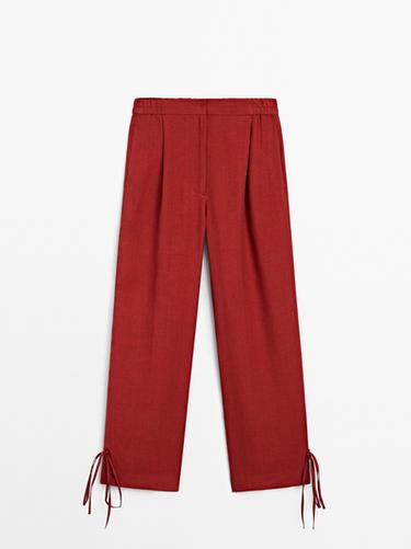 Zara 100% linen trousers with bow detail - Dark red - Image 0