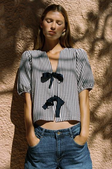 Zara LINEN TIE BLOUSE - Ecru / Navy