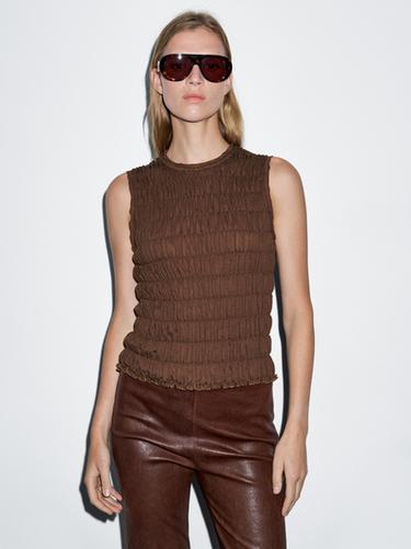 Zara Gathered cotton blend top - Brown