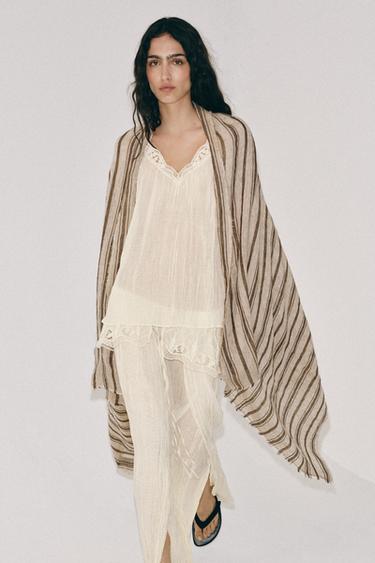 Zara 100% LINEN STRIPED SCARF - Beige