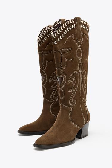 LEATHER EMBROIDERED BOOTS - Brown by Zara - Image 4