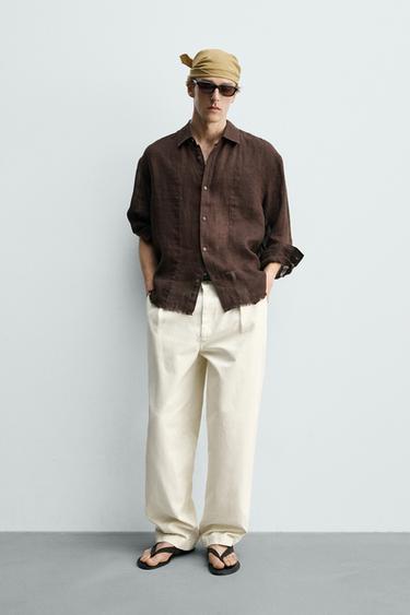 100% LINEN SEMI-SHEER SHIRT - Brown by Zara - Image 0