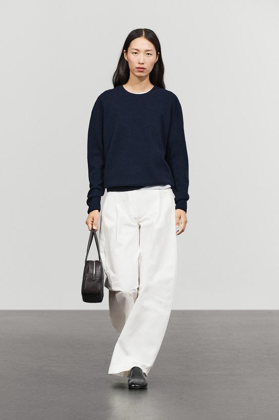 Zara Wool blend knit sweater with round neck - Navy blue - Image 0