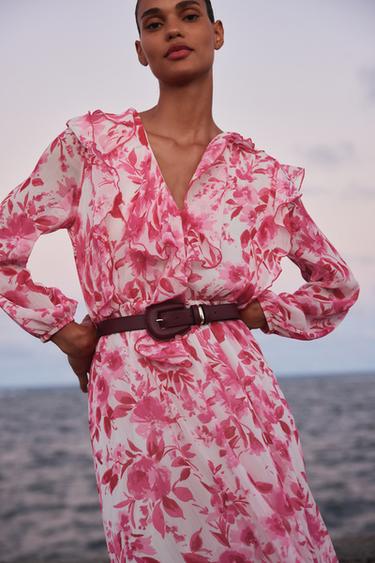 PRINTED MIDI DRESS WITH BELT - Pink / White by Zara - Image 2
