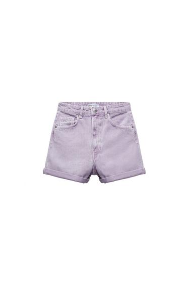 Lilac denim shorts with turn-up hems and front pockets on a white background. Visible text: ZARA.