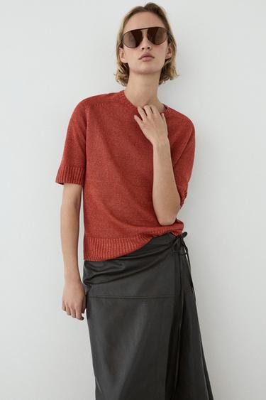 Jersey punto manga corta 100% lino - Naranja quemado de Zara